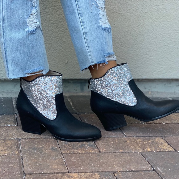 Black/Silver Glitter Embellished Ankle Booties - Picture 8 of 8